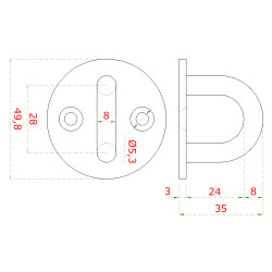 Nástenný úchyt lanka oválny, obľúka 8 mm, brúsená AISI 304 Nástenný úchyt lanka oválny, obľúka 8 mm, brúsená AISI 304